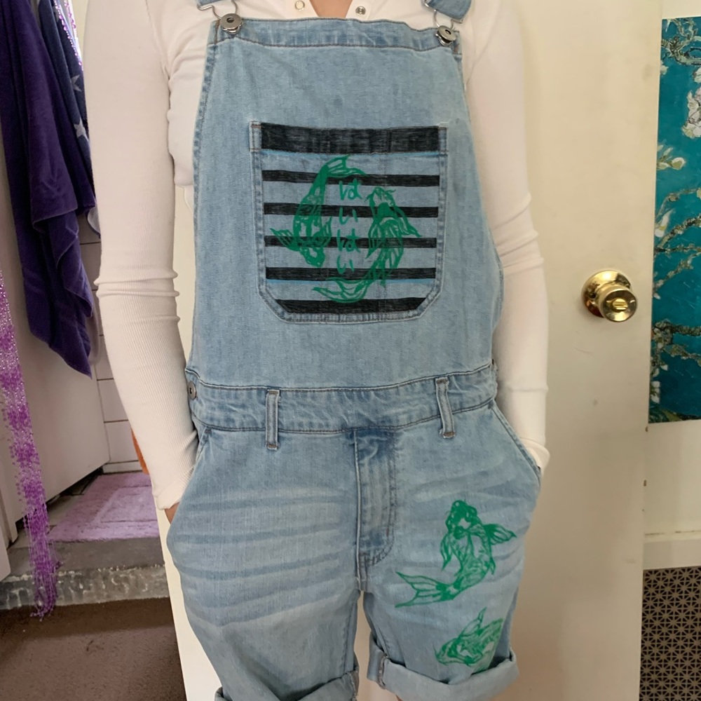 One of a kind hand painted green koi fish overall shorts with black stripes